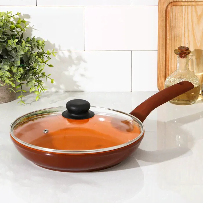 Сковорода Ceramic Induction, d=24 см, пластиковая ручка, стеклянная крышка, антипригарное покрытие, цвет коричневый-0